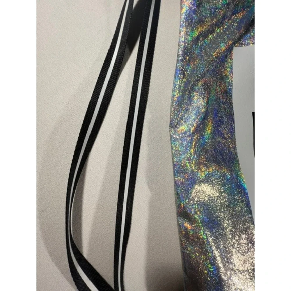 PINK Drawstring Backpack Womens OS Silver Holographic Excellent Iridescent Logo